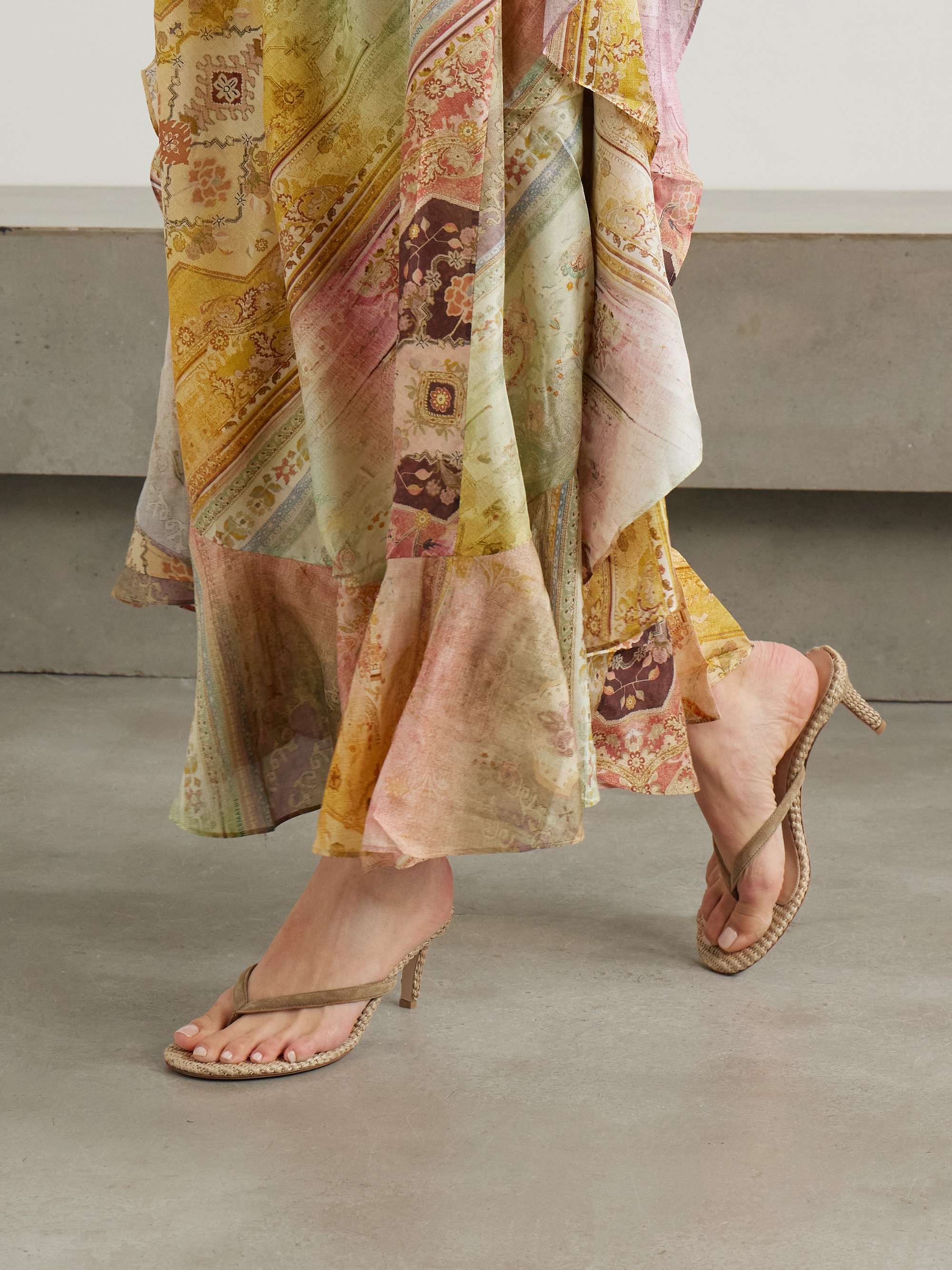 Gianvito Rossi Calypso Suede Raffia Thong Sandals Stiletto In Neutral