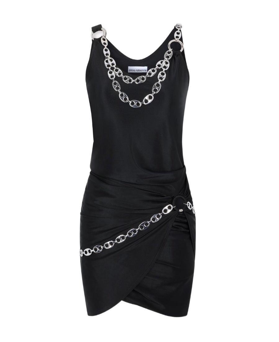 Rabanne Chain-link Gathered O-ring Sleeveless Mini Dress In Black
