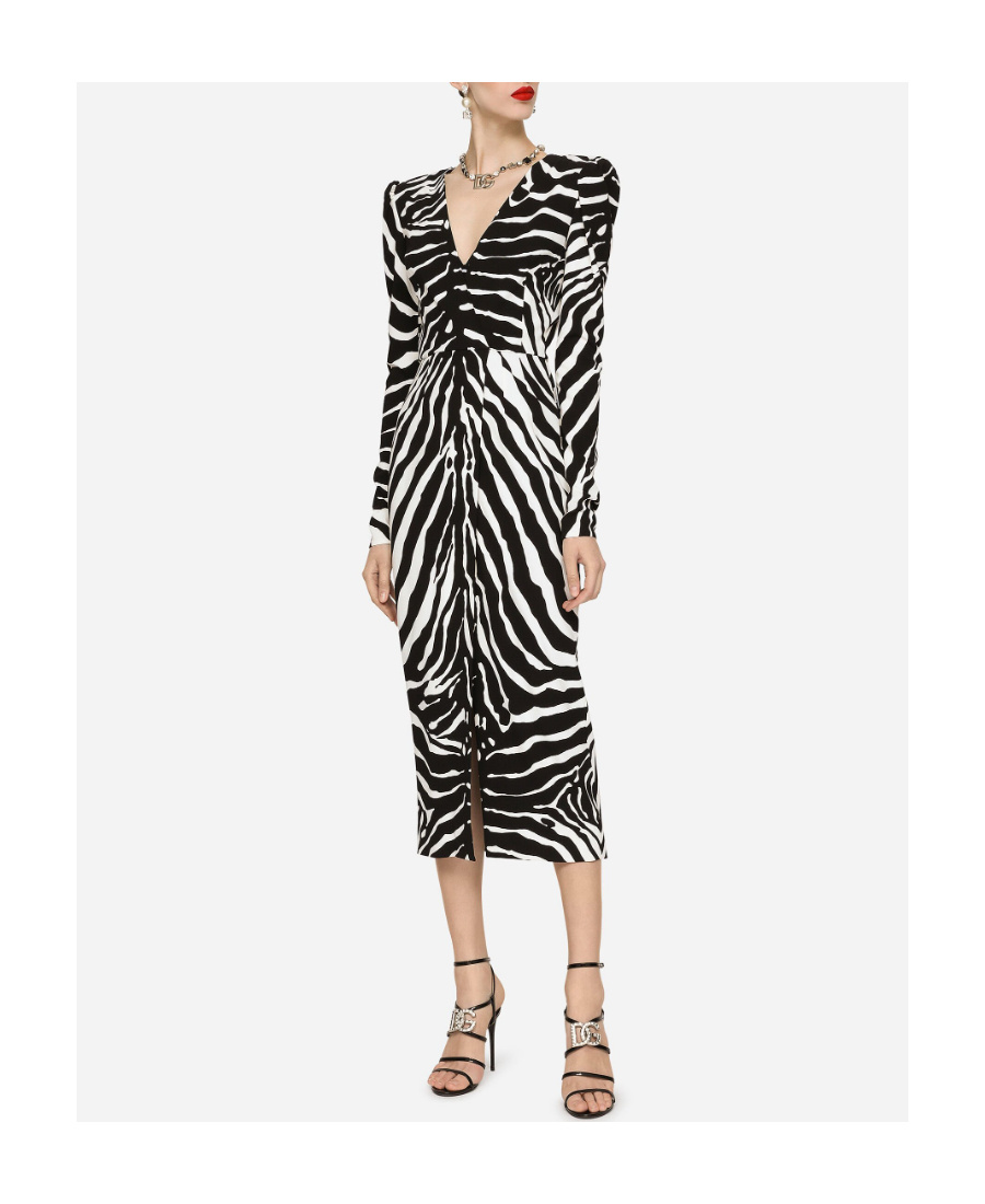 Dolce & Gabbana Ruched Zebra-print Crepe Midi Dress In Black