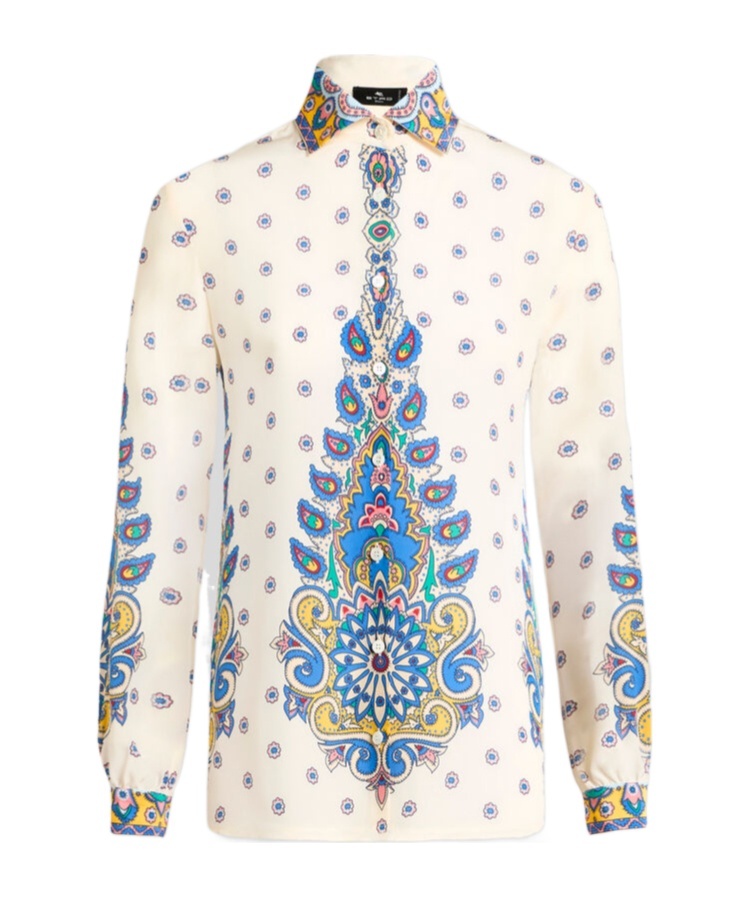 Etro Ivory Paisley Print Silk Twill Shirt In White