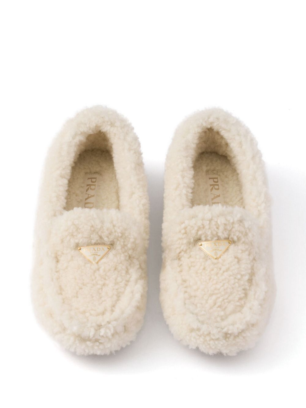 Prada Triangle Logo Shearling Loafers In Nude