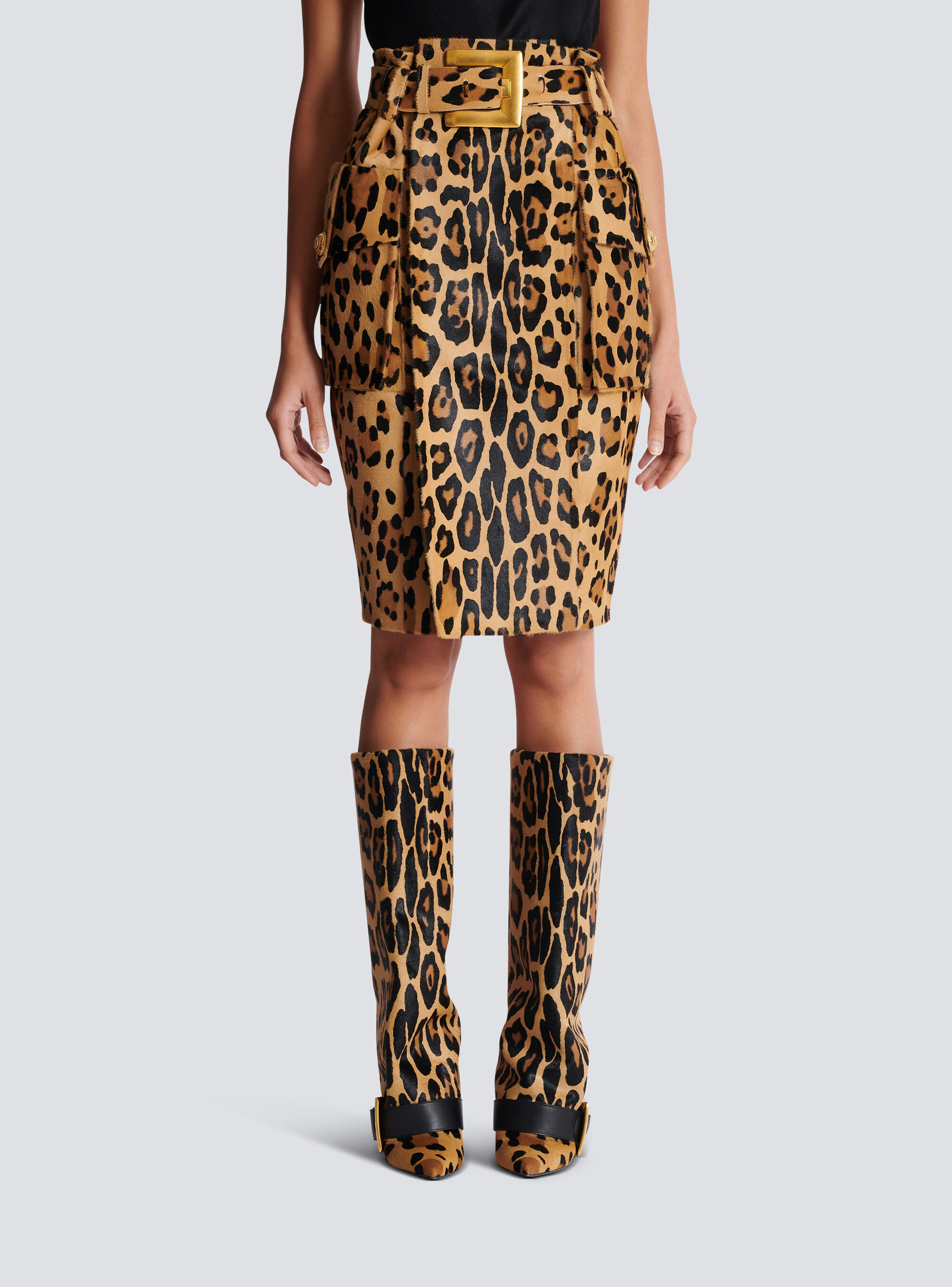 Balmain Ponyskin-style Leather Midi Skirt With Leopard Pattern In Animal Print