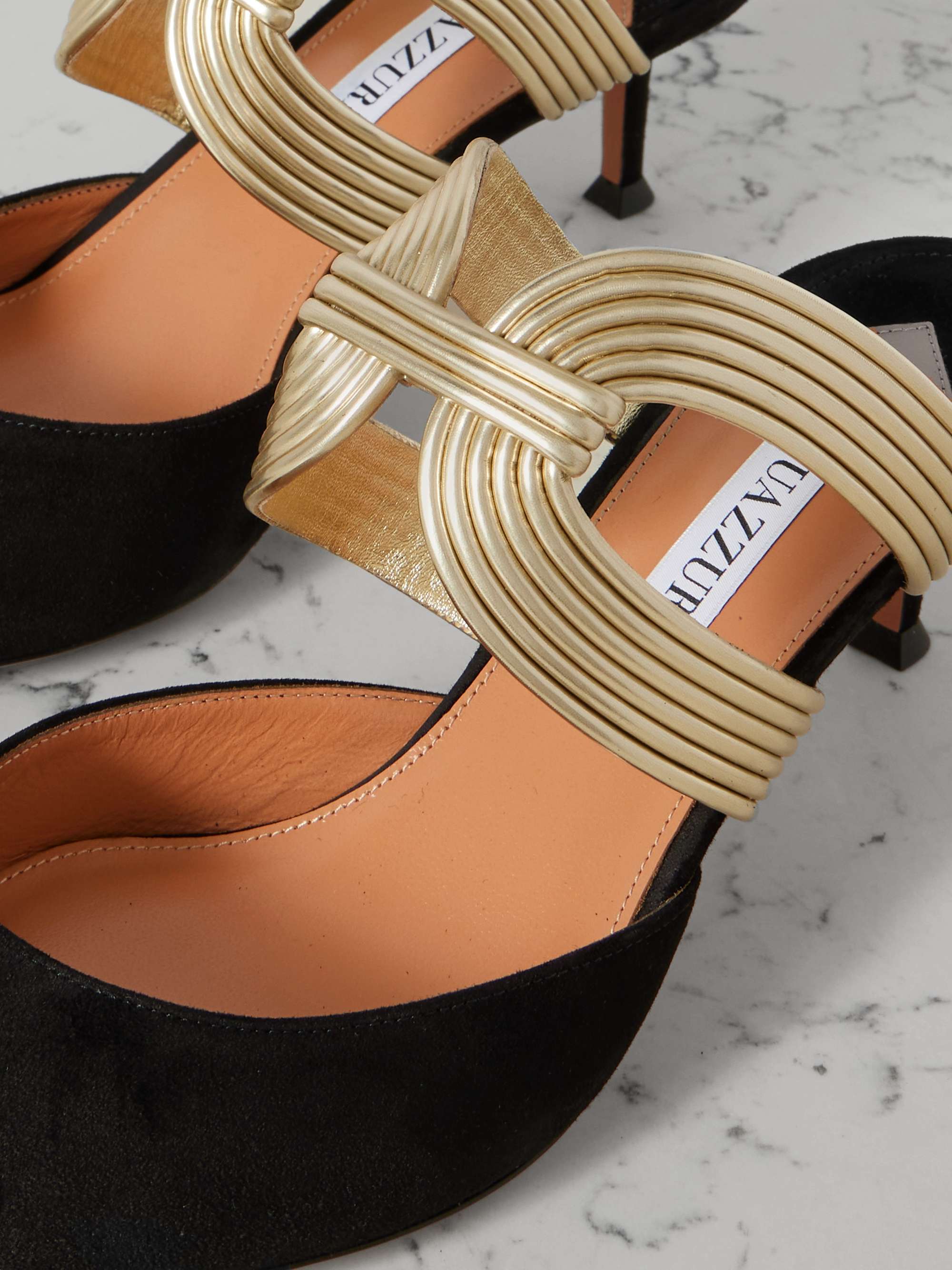 Aquazzura Escenia 50 Two-tone Metallic And Suede Mules In Black