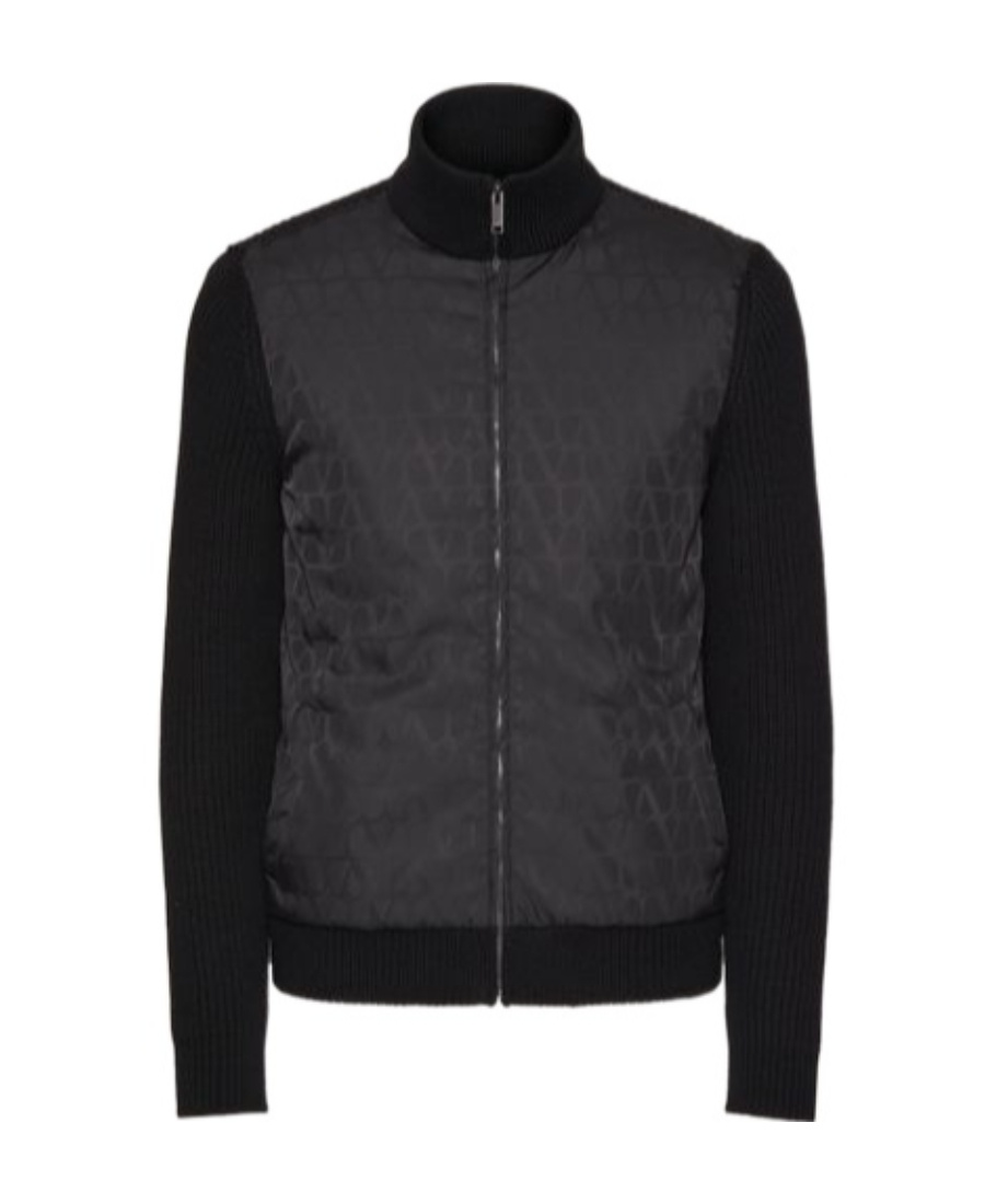 Valentino Wool Knit Jacket With Toile Iconographe Nylon Jacquard Front Panel In Black