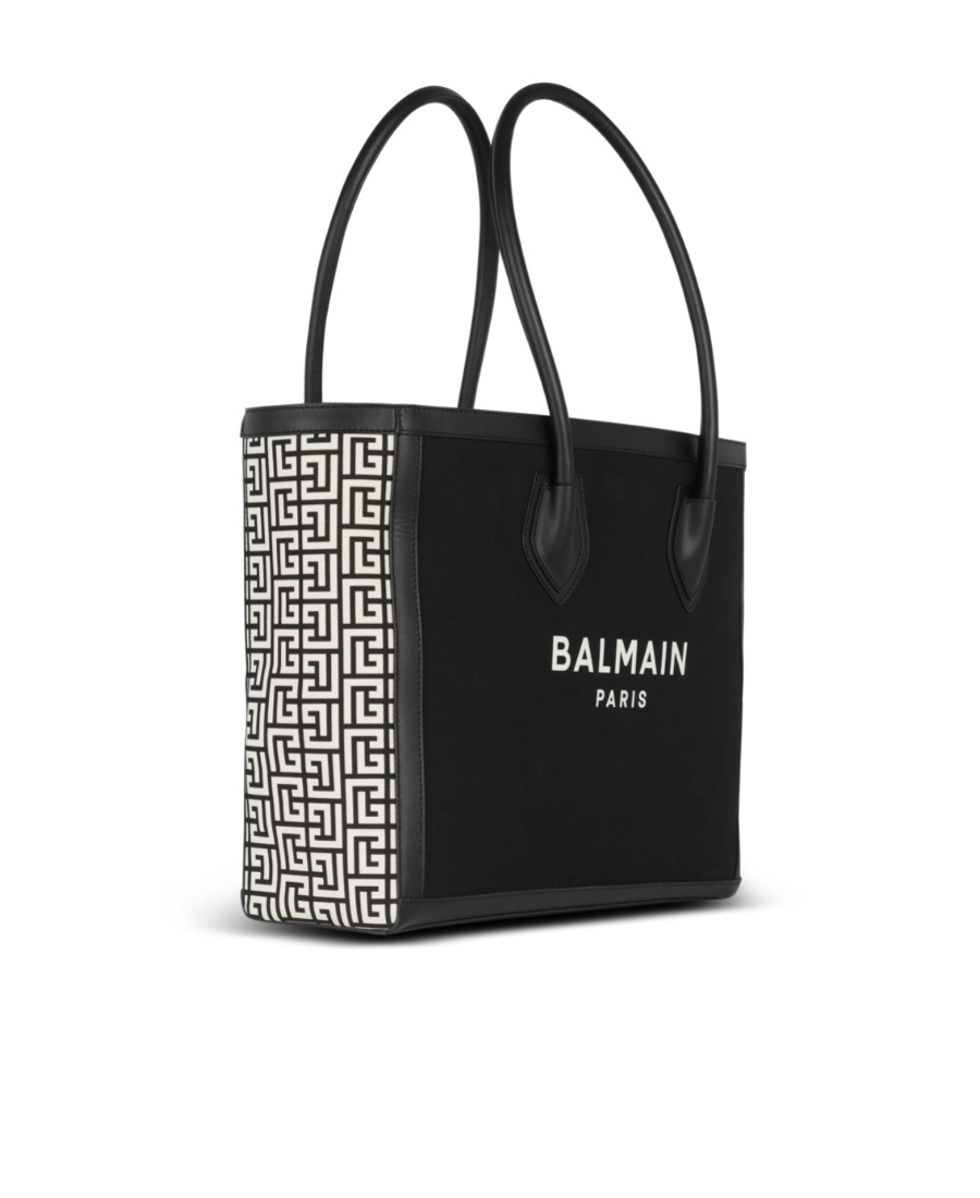Balmain B-army 42 Canvas Tote Bag With Leather Inserts In Black