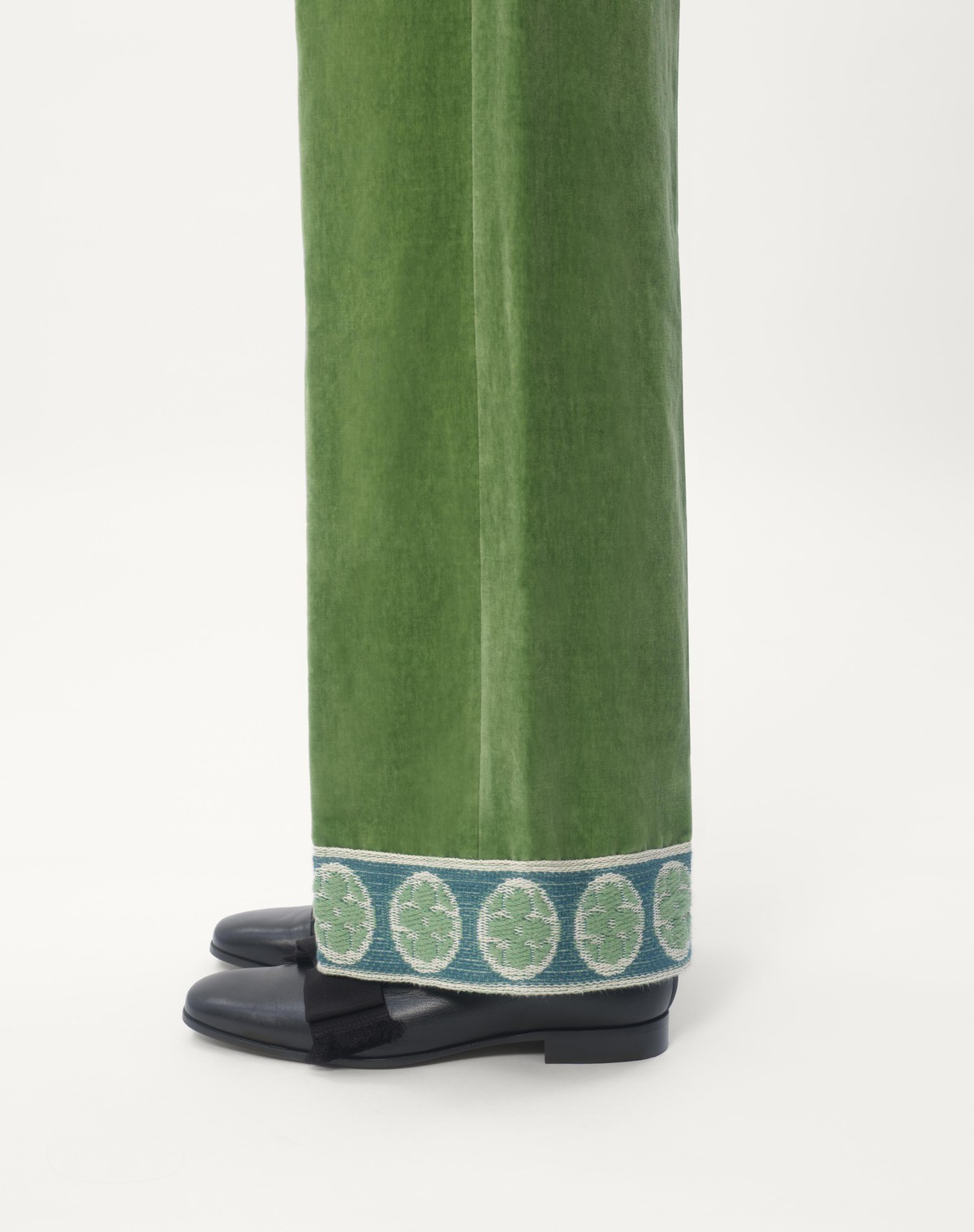Valentino Garavani Velvet Trousers With Jacquard Hem In Green