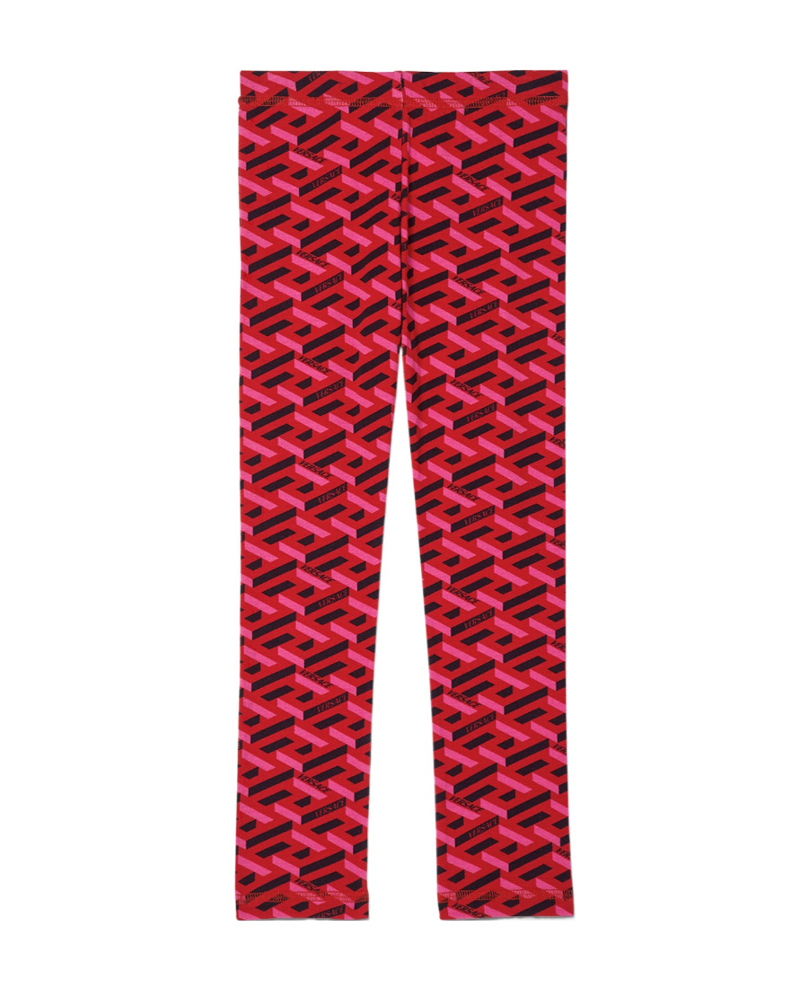 Versace Kids' La Greca Logo Stretch Cotton Leggings In Red