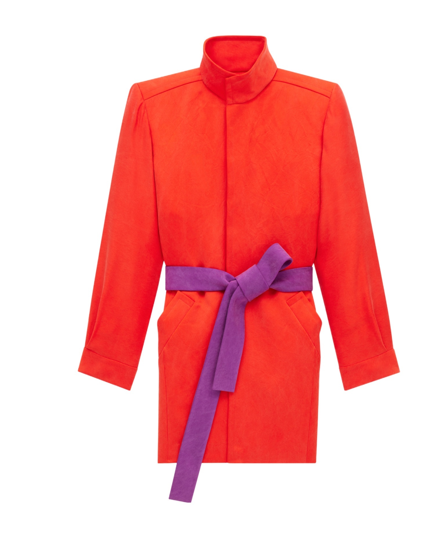 Saint Laurent Belted Stonewashed Silk Satin Coat In Orange
