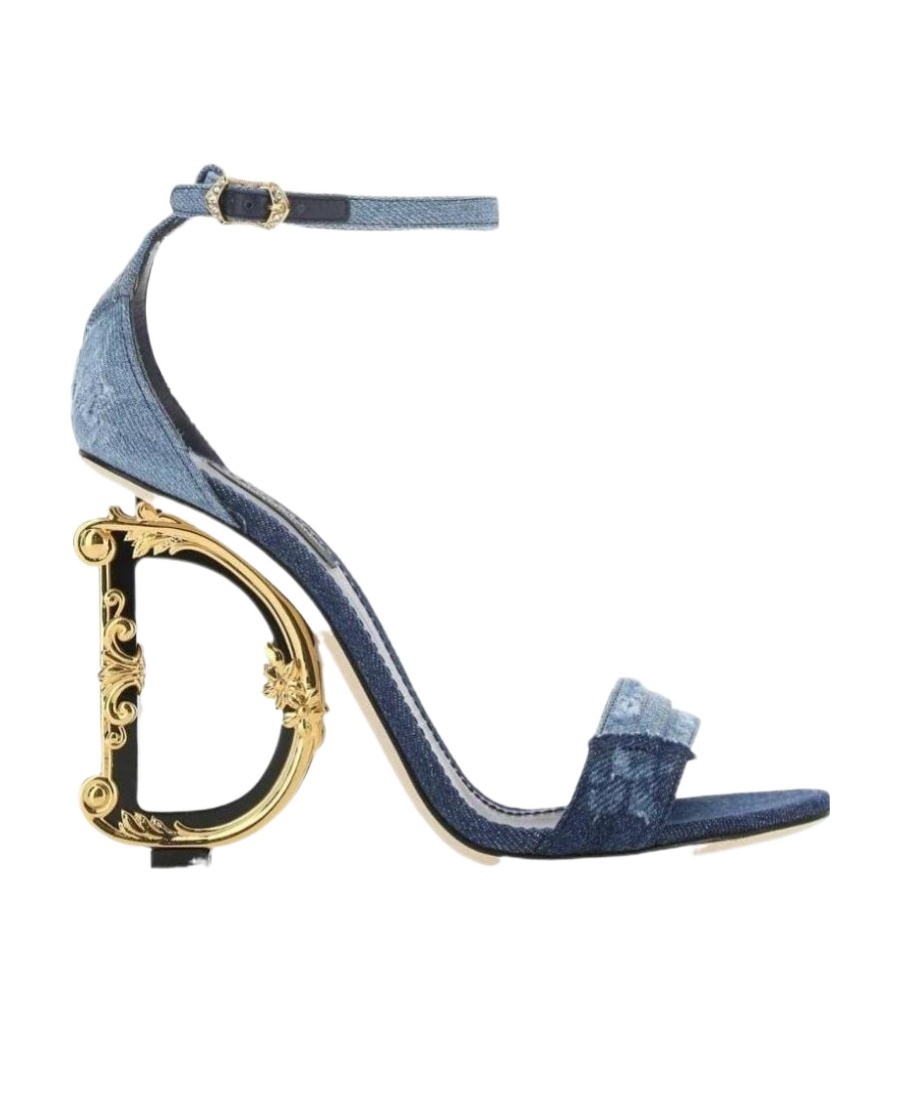 Dolce & Gabbana Patchwork Denim Sandals With Baroque Dg Heel In Blue