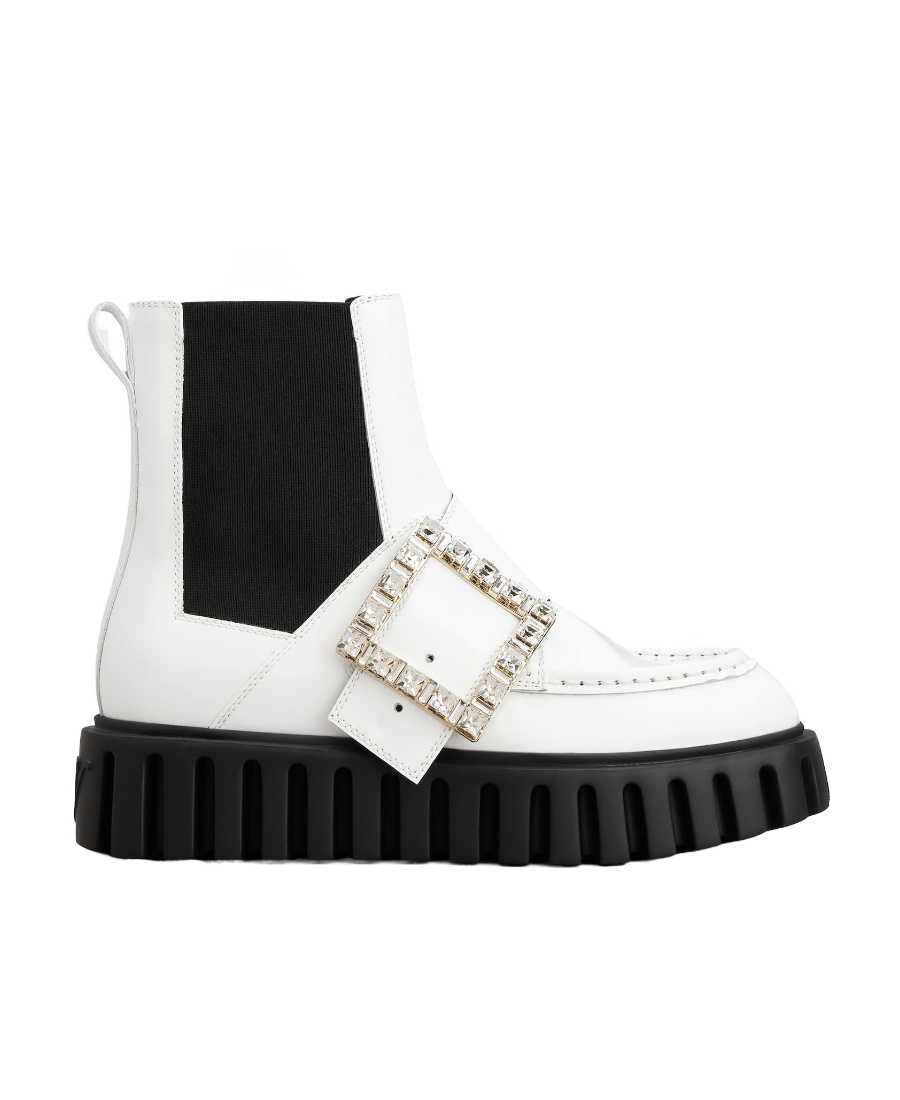 ROGER VIVIER VIV' GO-THICK STRASS BUCKLE CHEALSEA ANKLE BOOTS IN PATENT LEATHER