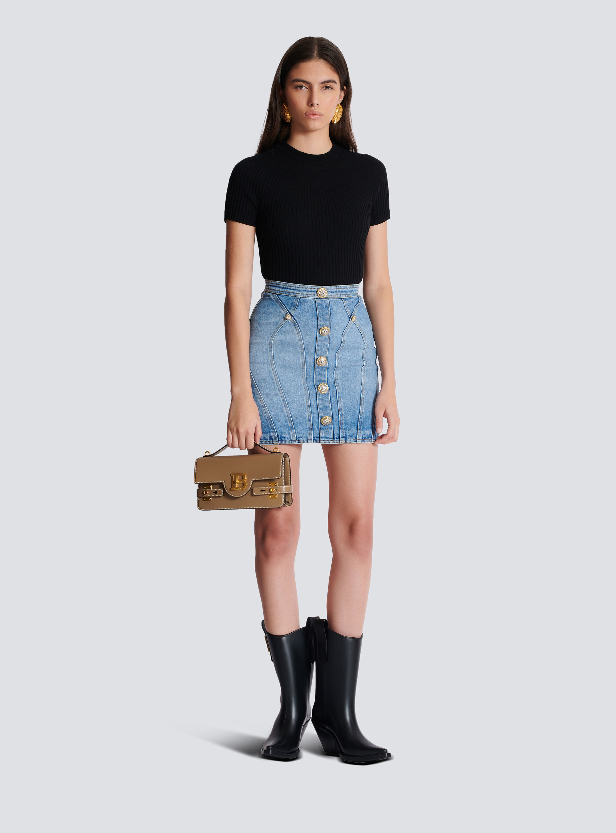 Balmain Buttoned Mini Denim Skirt In Blue