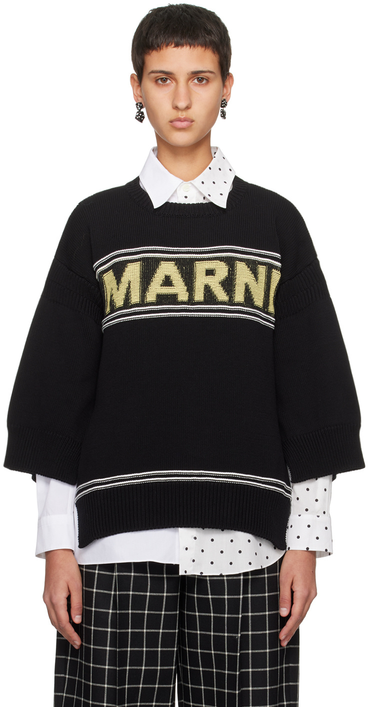 Marni Logo Intarsia Knitted Crewneck Jumper In Black