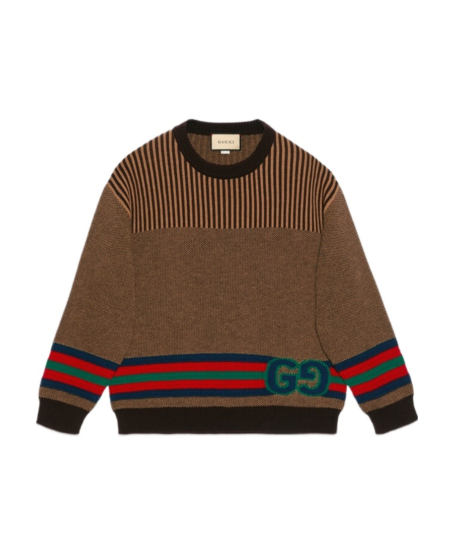Gucci Web Motif Wool And Cotton Sweater In Brown