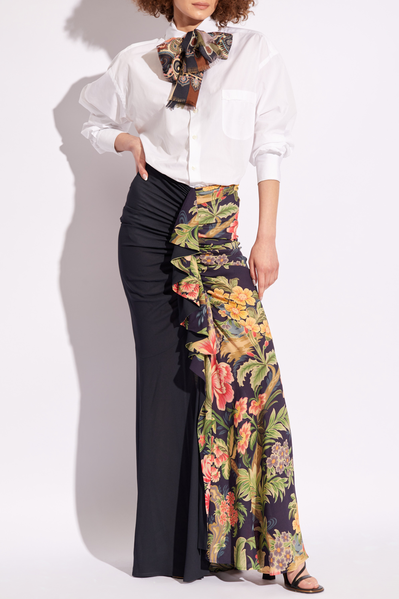 Etro Floral-print Draped Maxi Skirt In Black