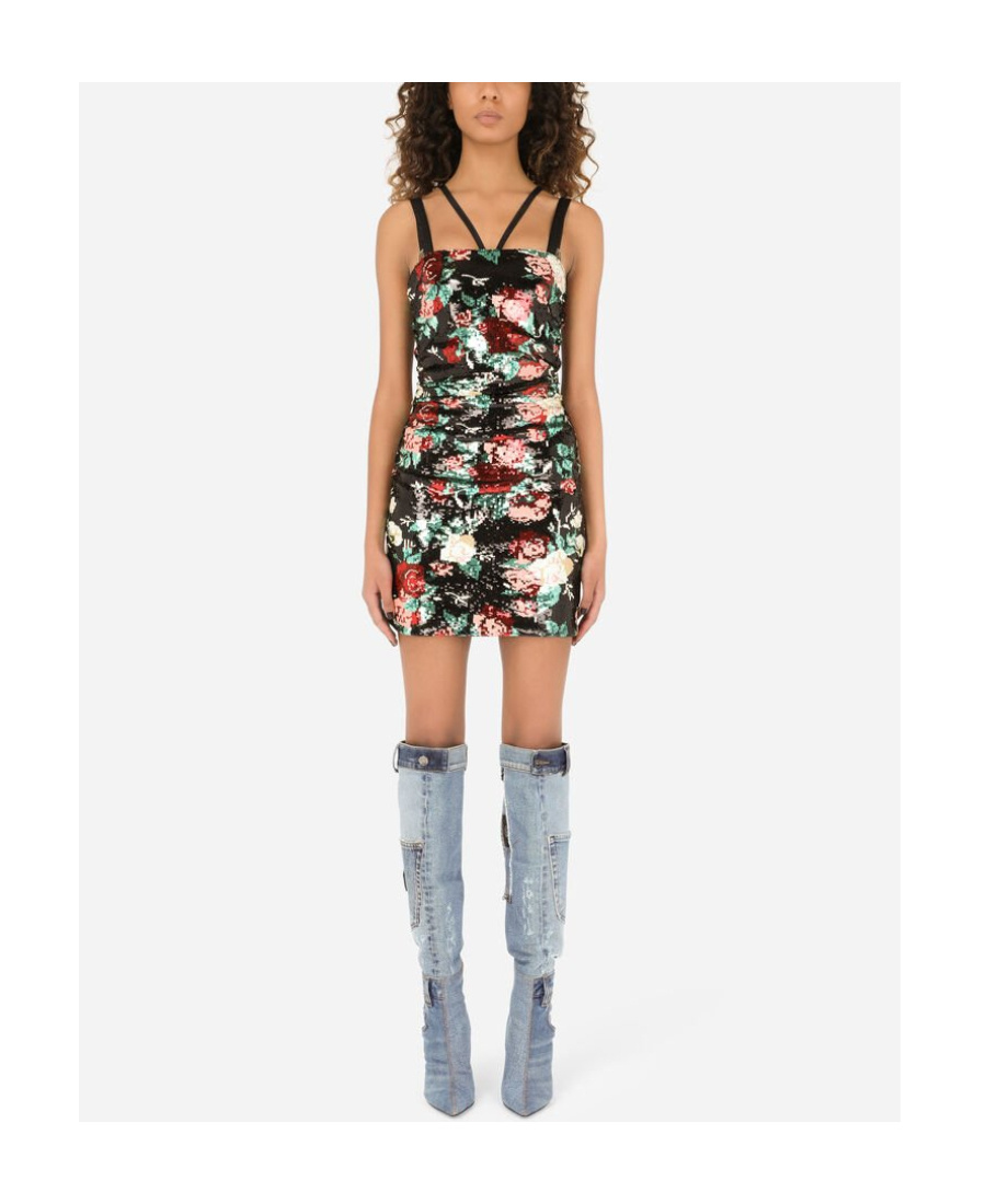 Dolce & Gabbana Sequinned Floral Motif Mini Dress In Black