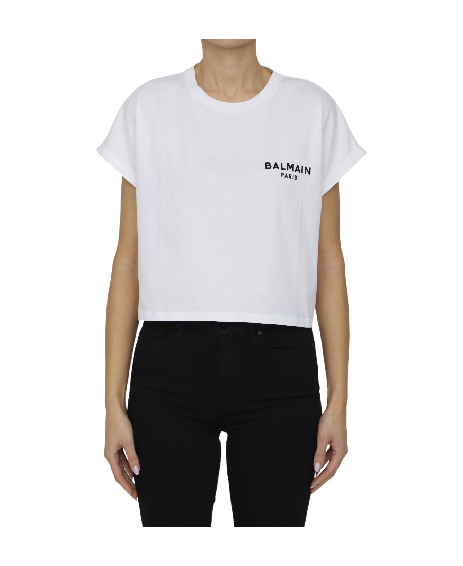Balmain Relaxed-fit Cotton Crop Top With Logo Detailing In White