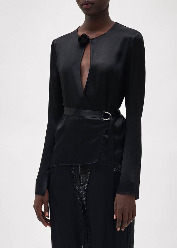 Blumarine Floral-appliqué Wraparound Blouse In Black
