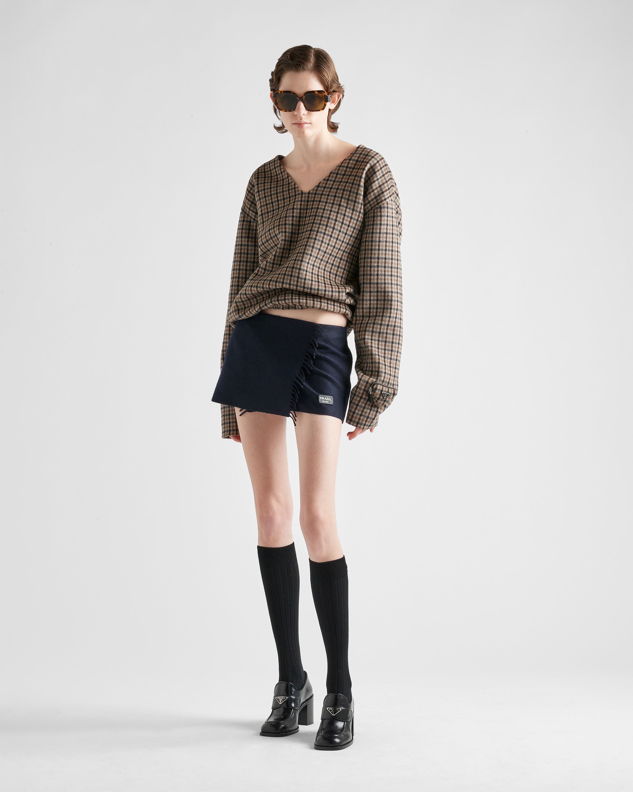 Prada Check Pattern V-neck Angora-virgin Wool Blend Top In Nude