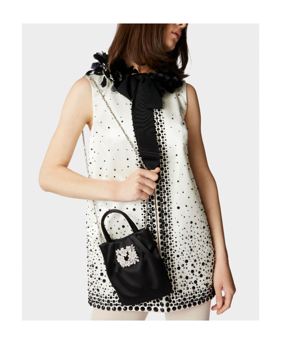 Roger Vivier Drapé Pocket Bouquet Strass Buckle Micro Bag In Satin In Black