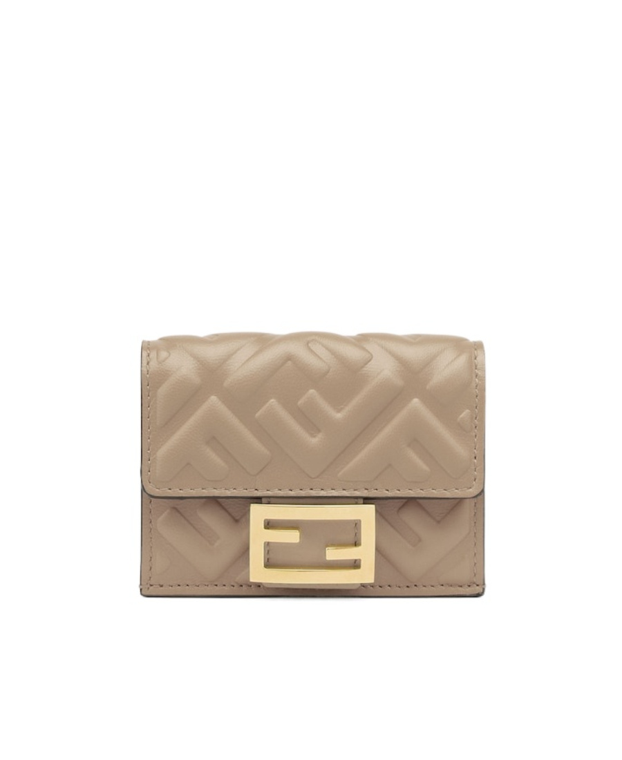 Fendi Micro Baguette Ff-embossed Tri-fold Wallet In Nude