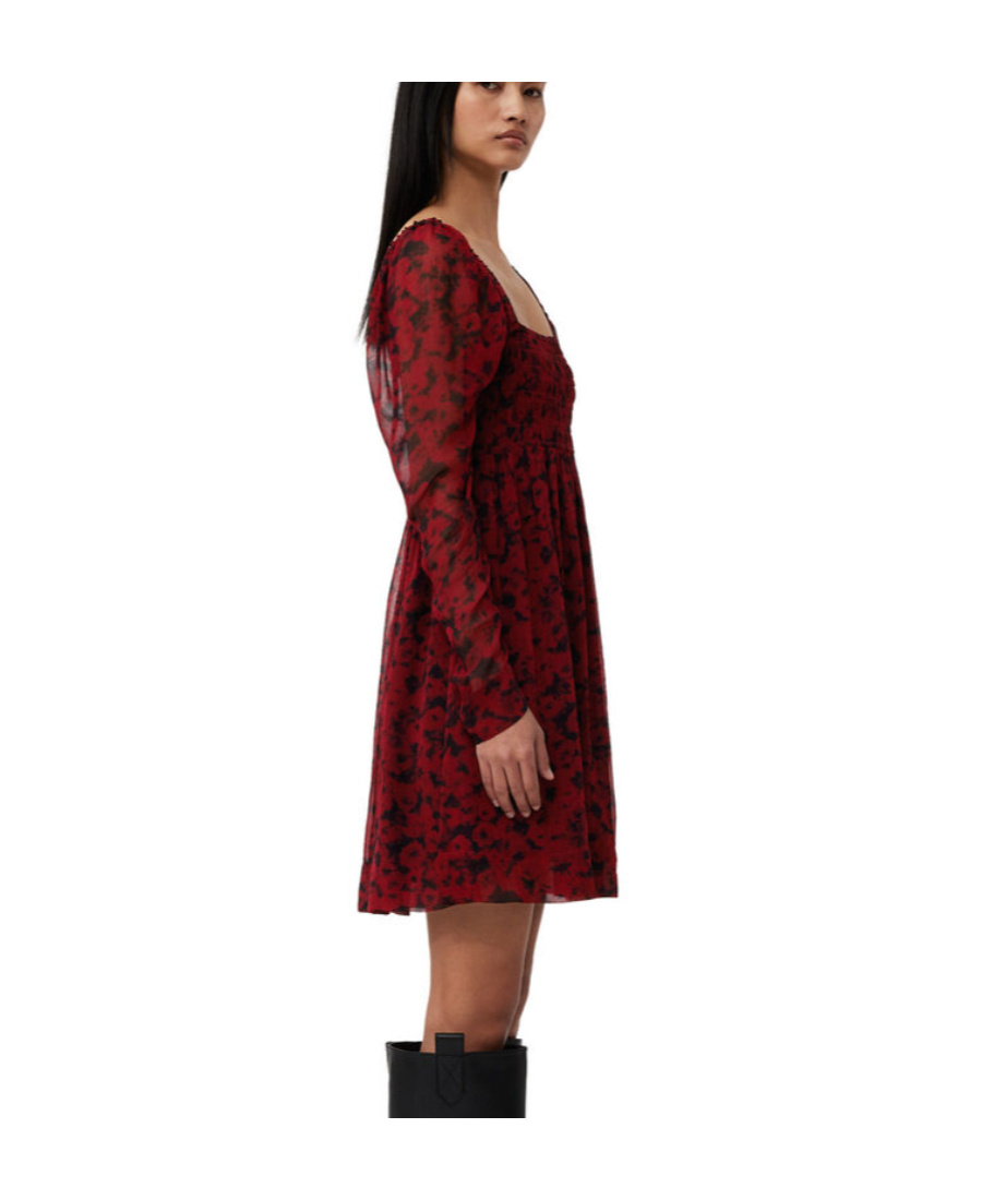 Ganni Square-neck Georgette Minidress In Red