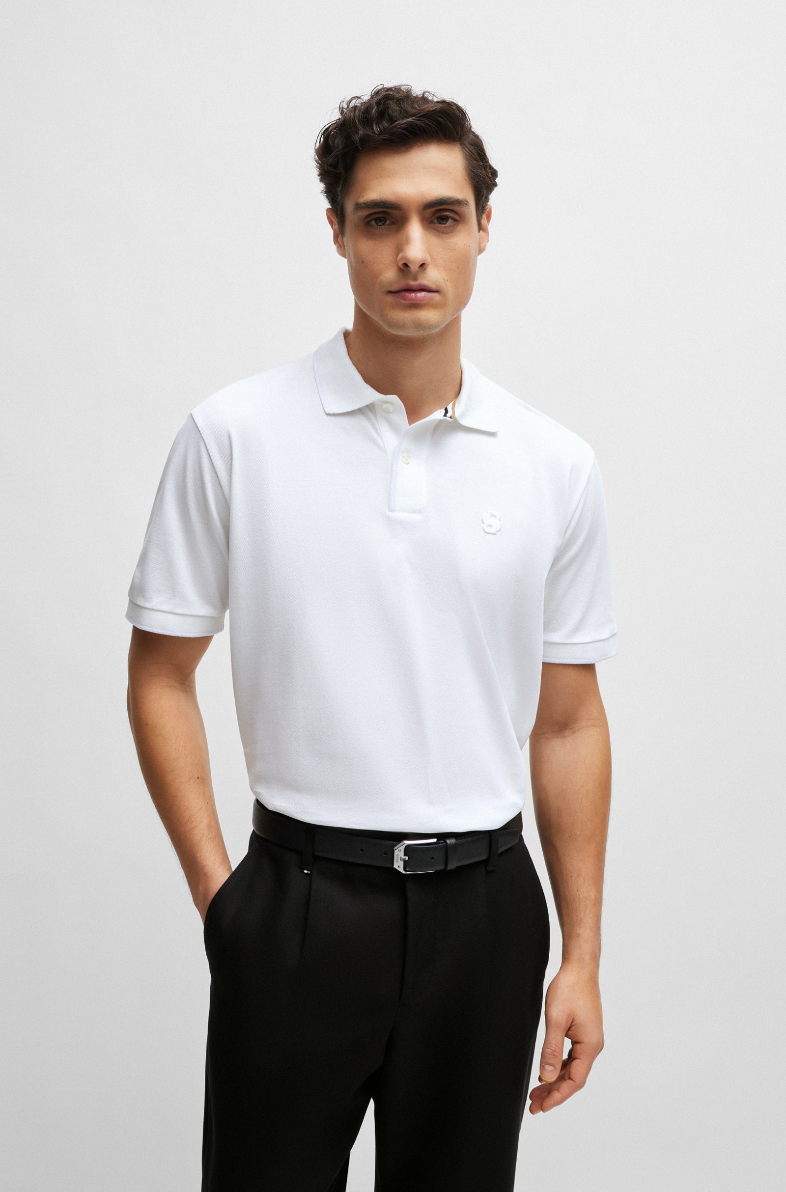 Hugo Boss Mercerized-cotton Polo Shirt With Embroidered Double Monogram In White