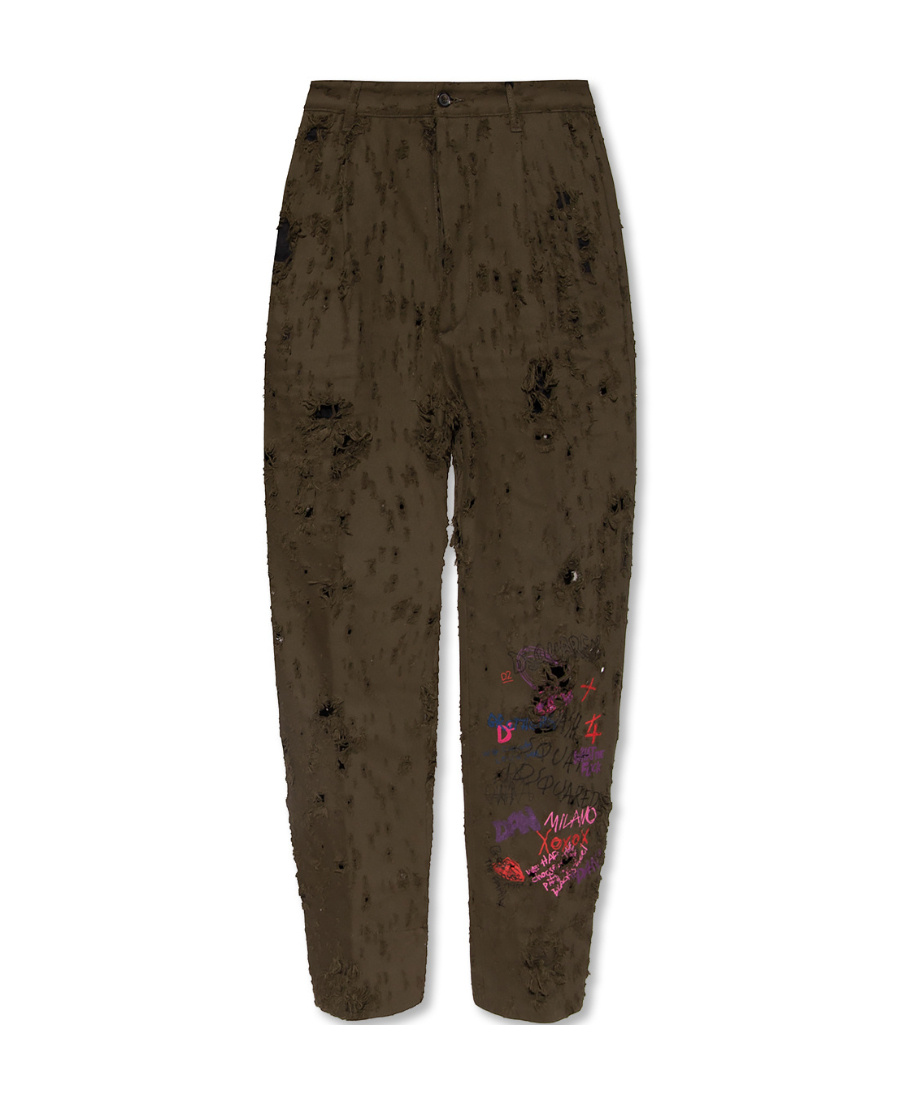 Dsquared2 Distressed Graffiti-print Trousers In Green