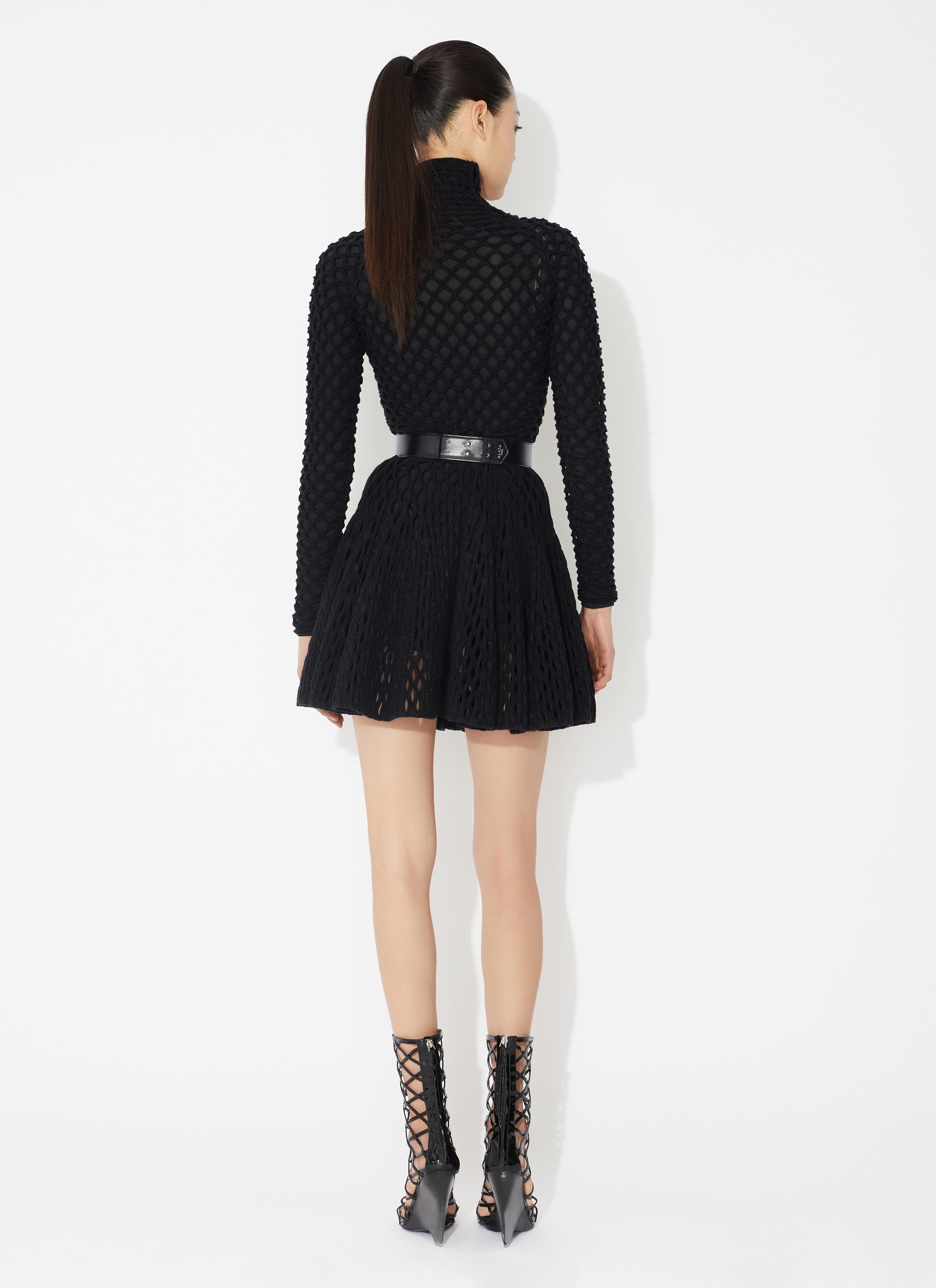 Alaïa Cage Openwork Pleated Mini Skirt In Black