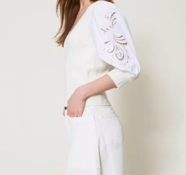 Twinset Puff-sleeve Broderie-anglaise Jumper In Neutral