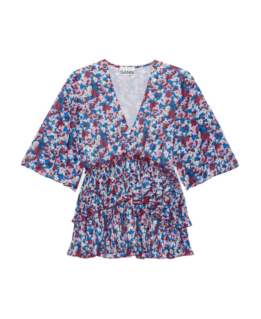 Ganni Pleated Blouse With Floral Motif In Multicolor