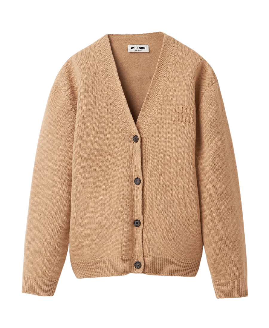 Miu Miu Logo-embroidered Wool Blend Cardigan In Nude