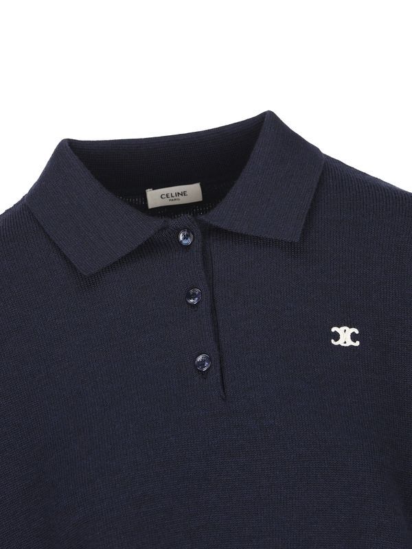 Celine Triomphe Cropped Polo In Wool In Navy Blue