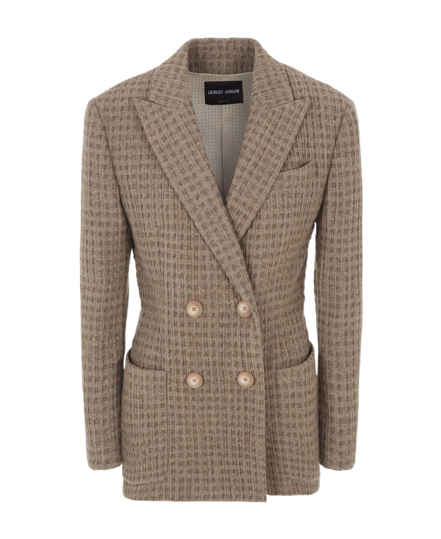 Giorgio Armani Seersucker Cashmere Double-breast Blazer In Gray