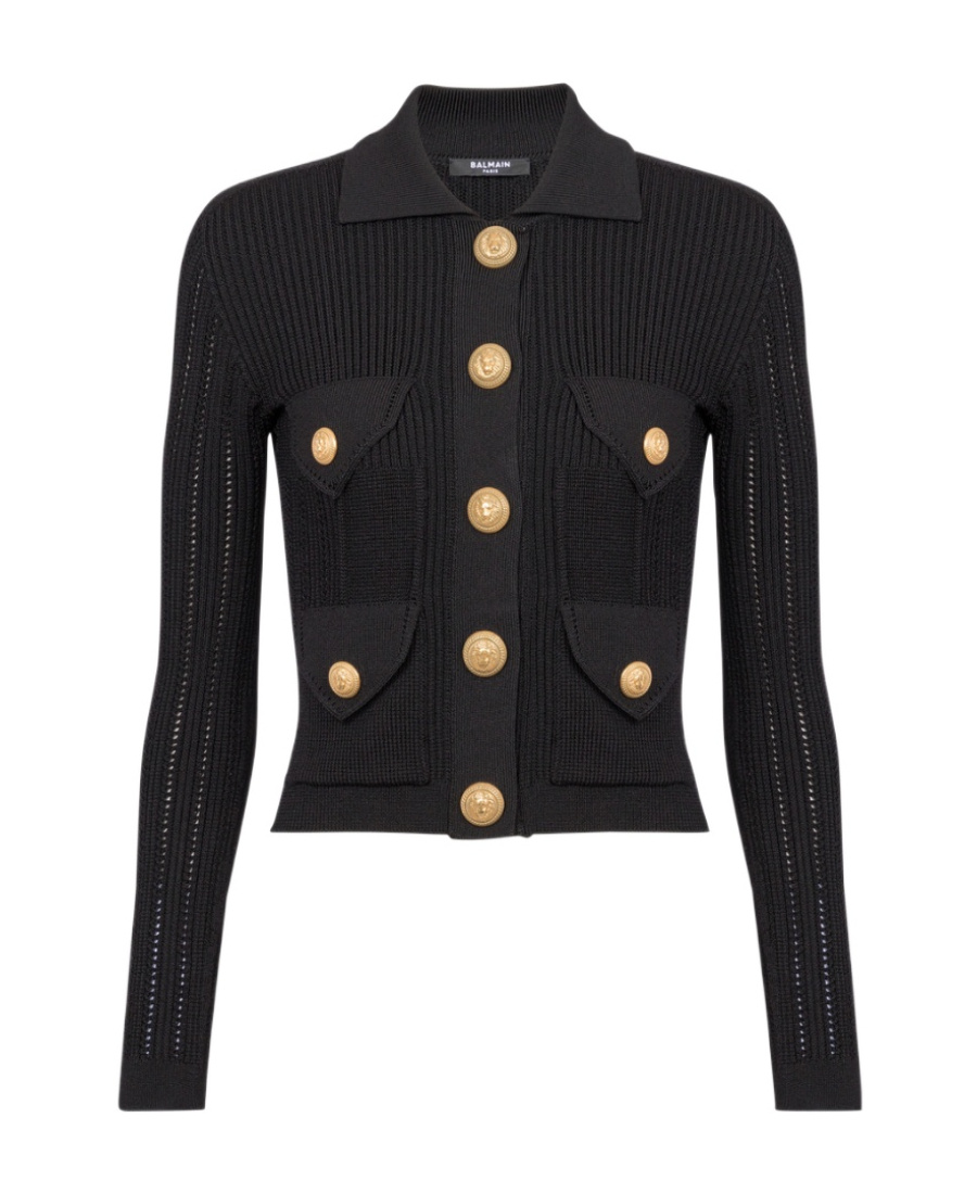 Balmain Button-embellished Ribbed Cardigan In Black