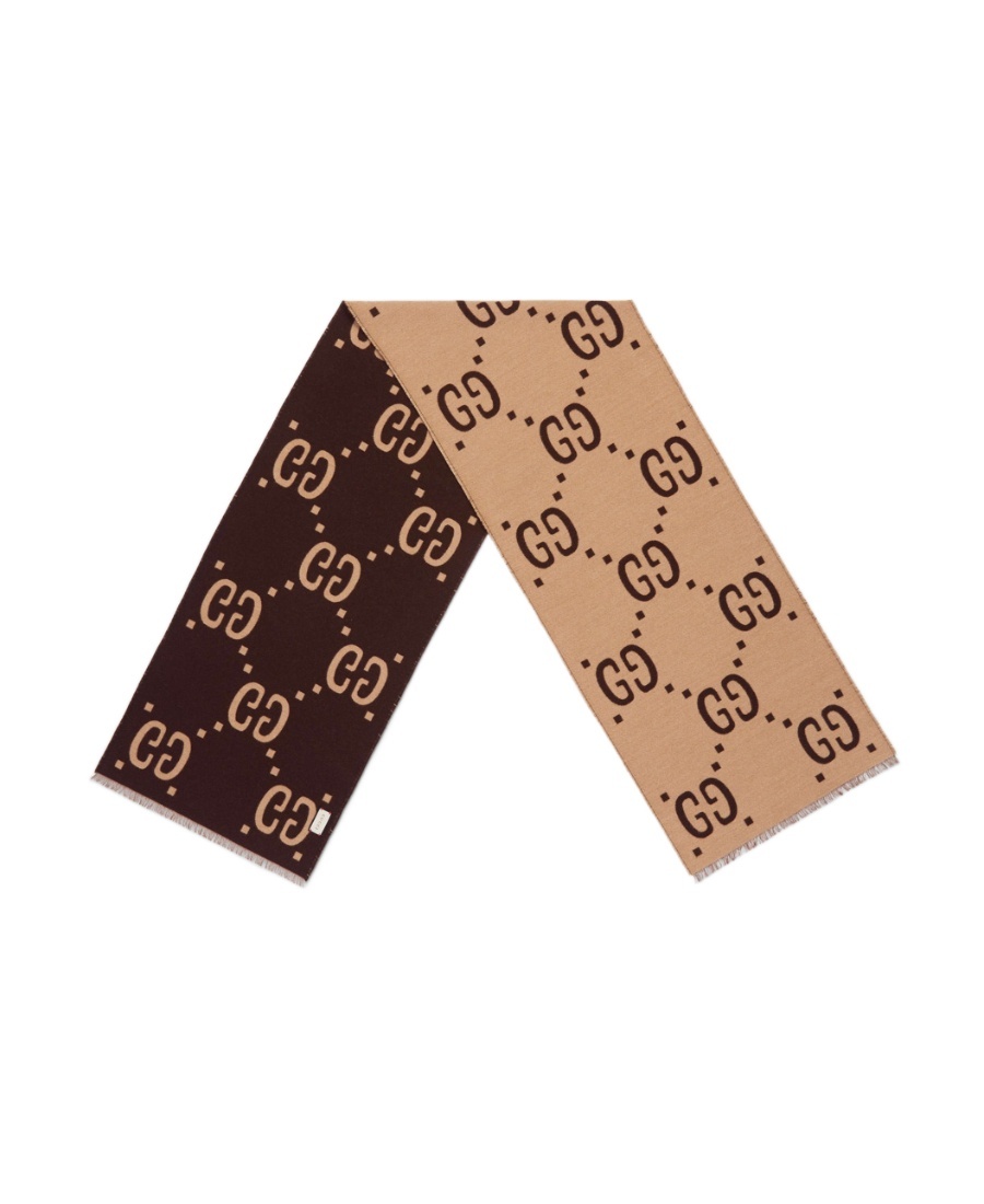 Gucci Gg Jacquard Wool Silk Scarf In Brown