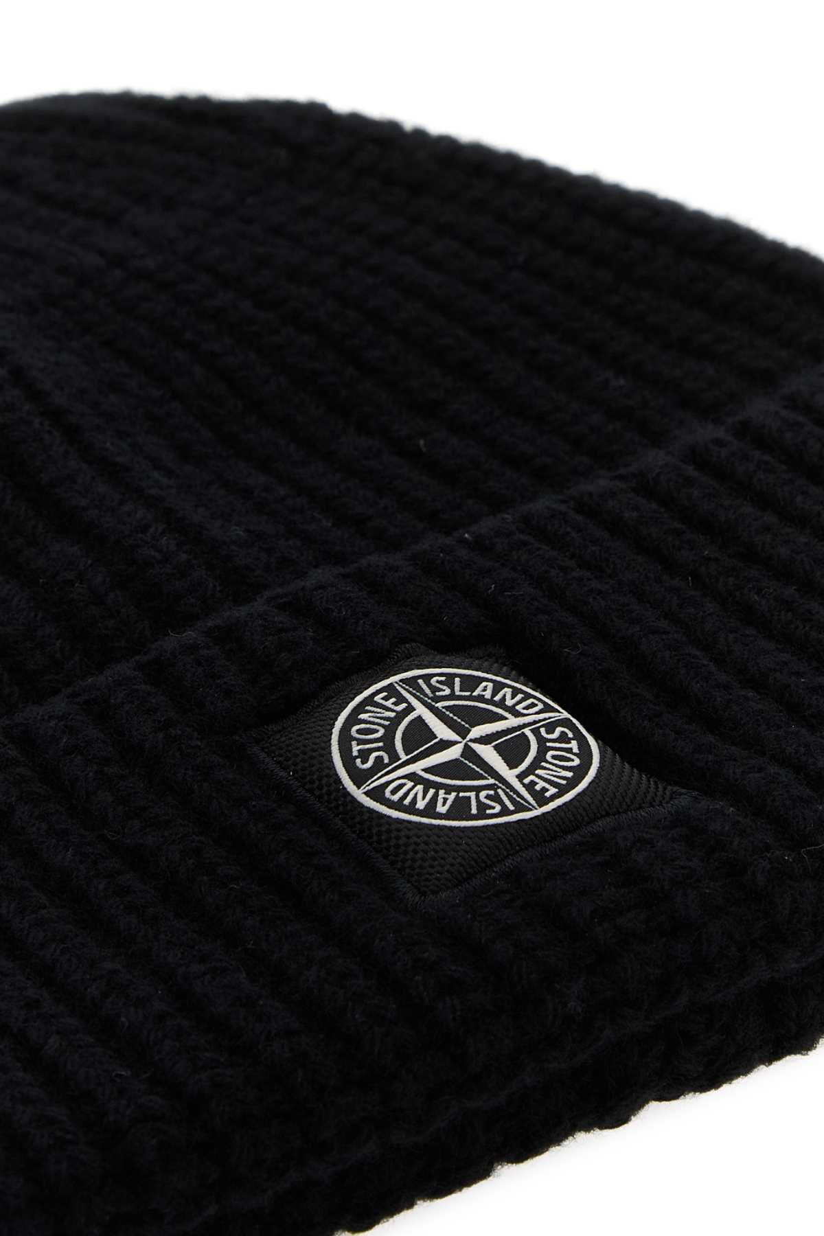 Stone Island Ribbed Knit Beanie With Compass Logo Patch In Black