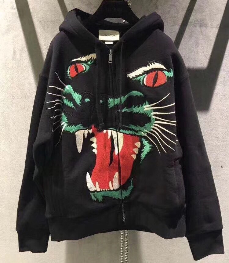 Gucci Leopard Head Embroidered Hooded Casual Jacket In Black