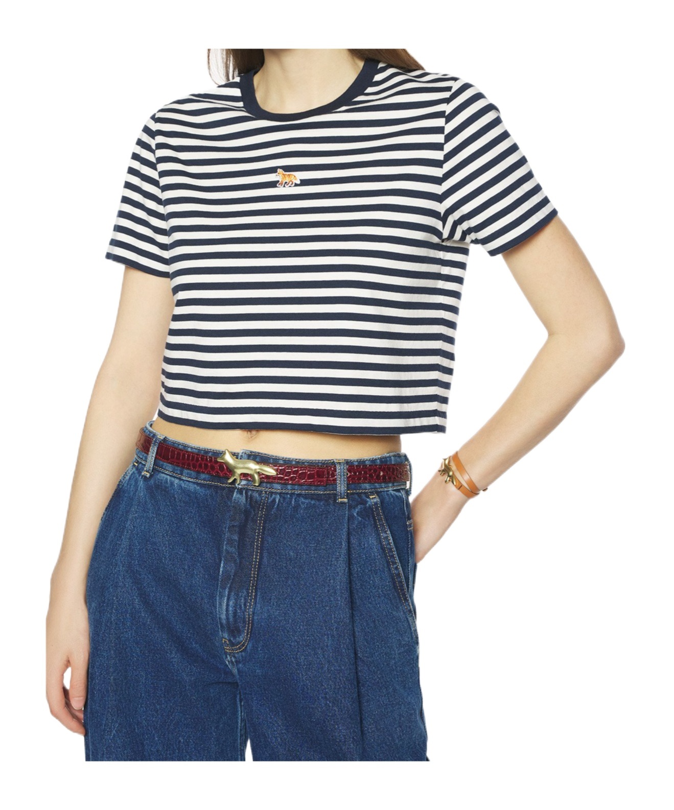 Maison Kitsuné Baby Fox-embroidered Striped Cropped Top In Blue