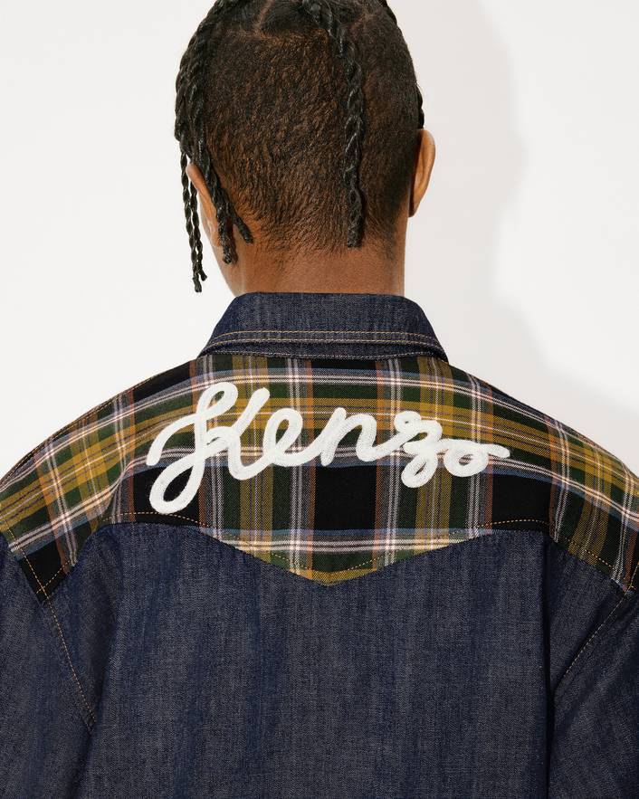 Kenzo Checked-panel Denim Shirt In Black