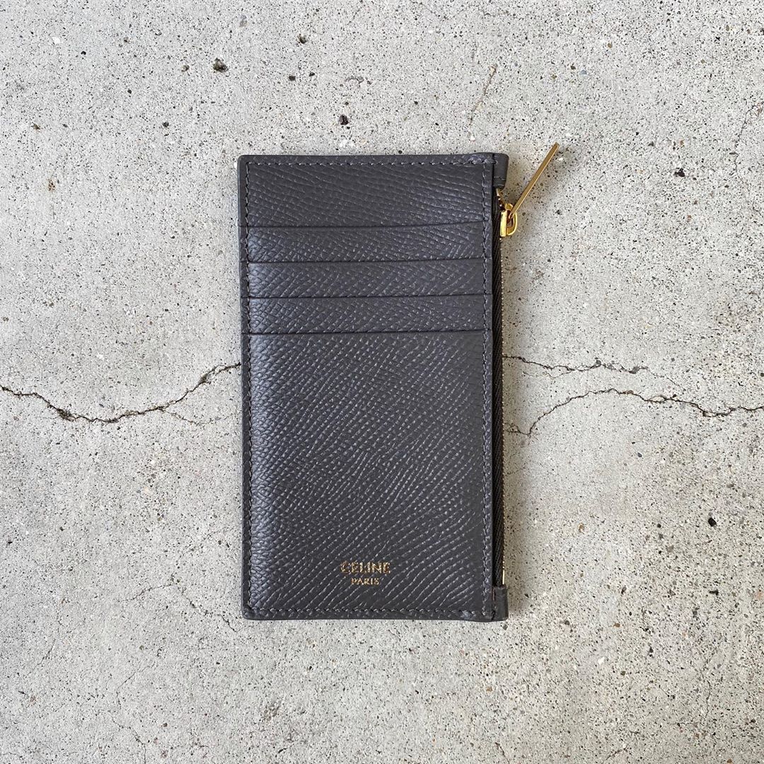 Celine Grain Noodle Calfskin Zipper Compact Card Bag In Black