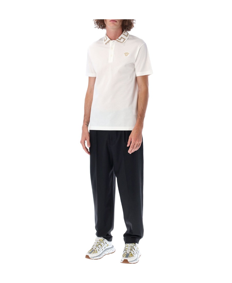 Versace Men Greca Polo Shirt With Short Sleeves In White