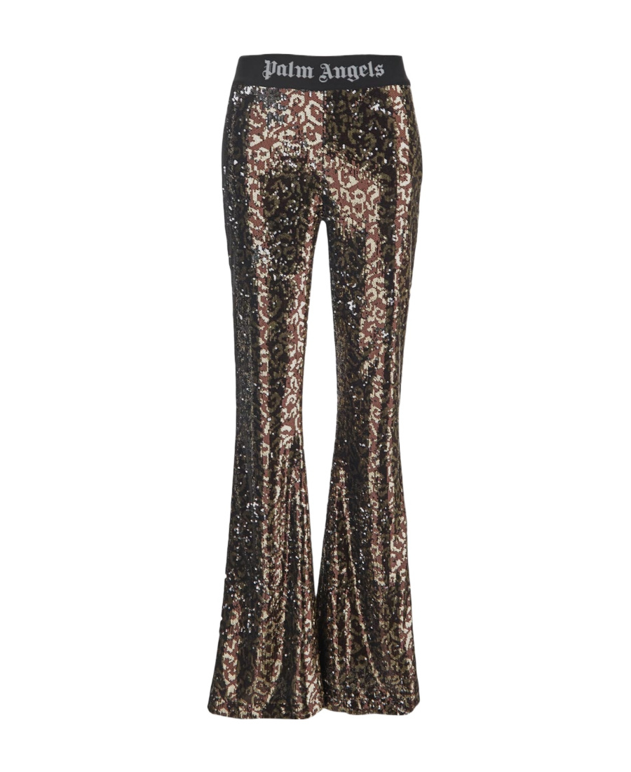 PALM ANGELS LOGO-TAPE SEQUIN FLARED TROUSERS 