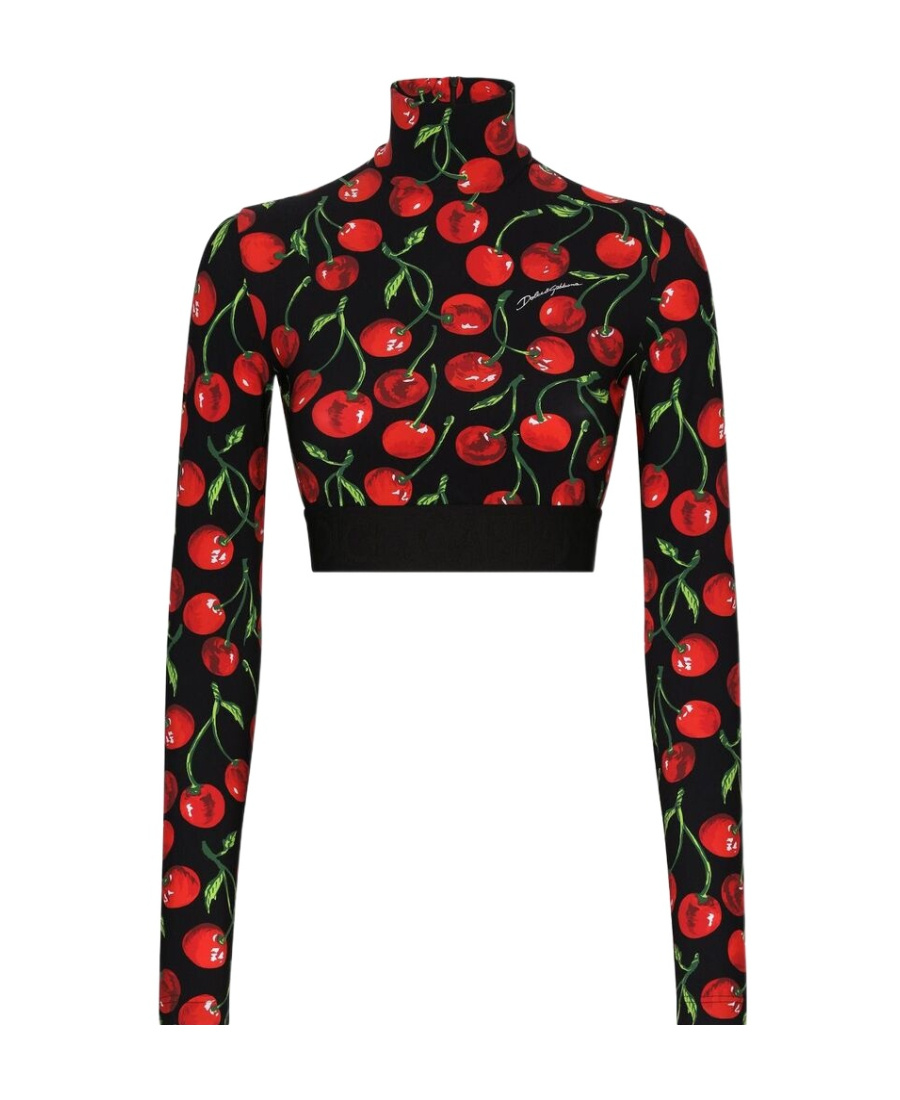 Shop Dolce & Gabbana Cherry-print Long-sleeve Crop Top In Black