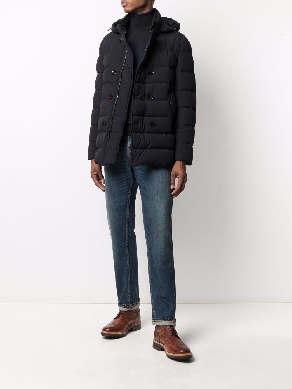 Moorer High Neck Double-breasted Parka With Detachable Hood In Blue