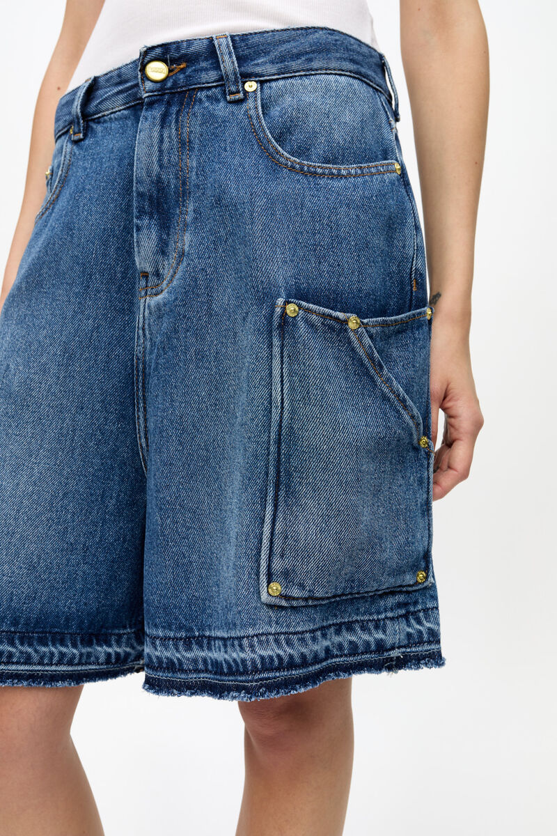 Ganni Blue Shorts With Belt Loops And One Front Patch Pocket In Denim Woman In Blue