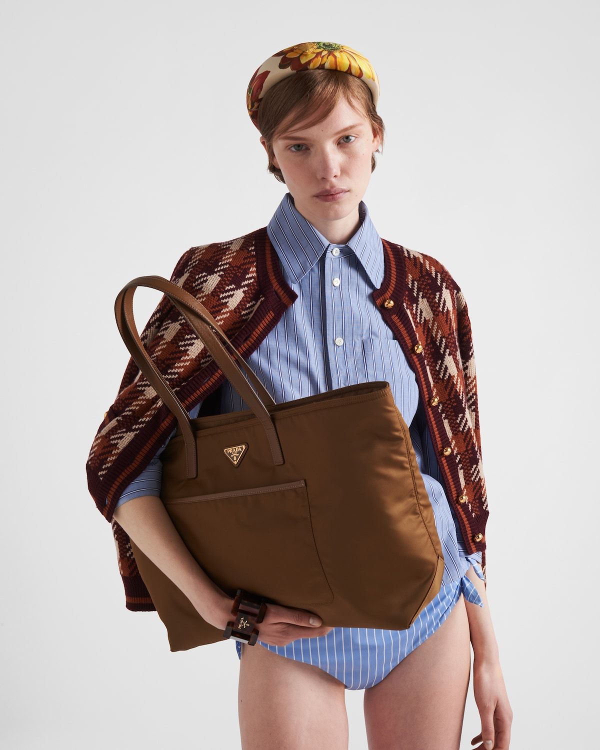 Prada Patterned Wool Cardigan In Brown