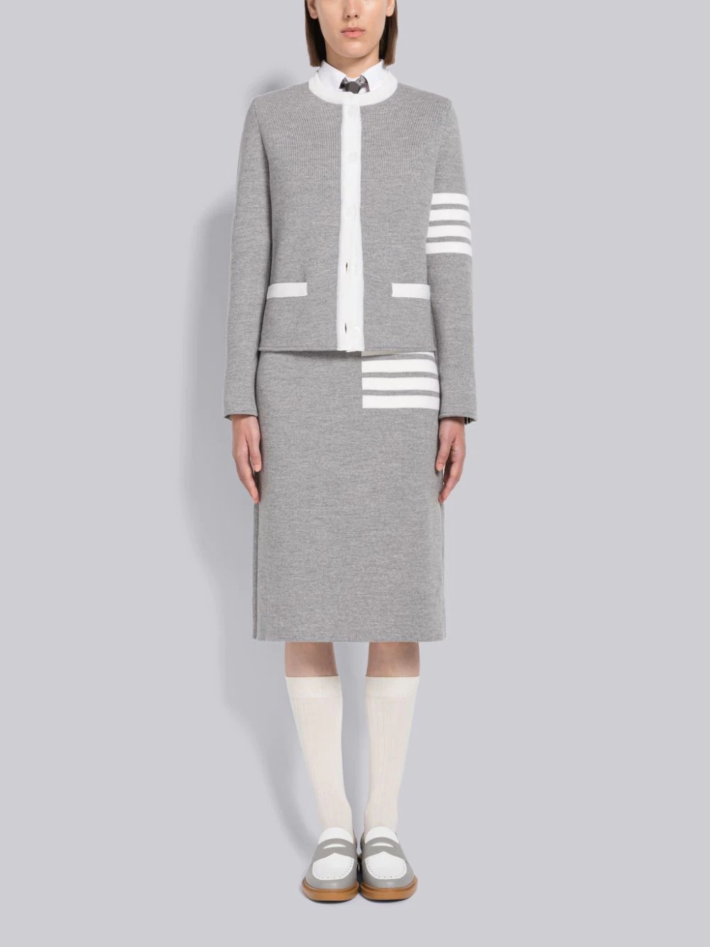 THOM BROWNE A-LINE MERINO WOOL MIDI SKIRT