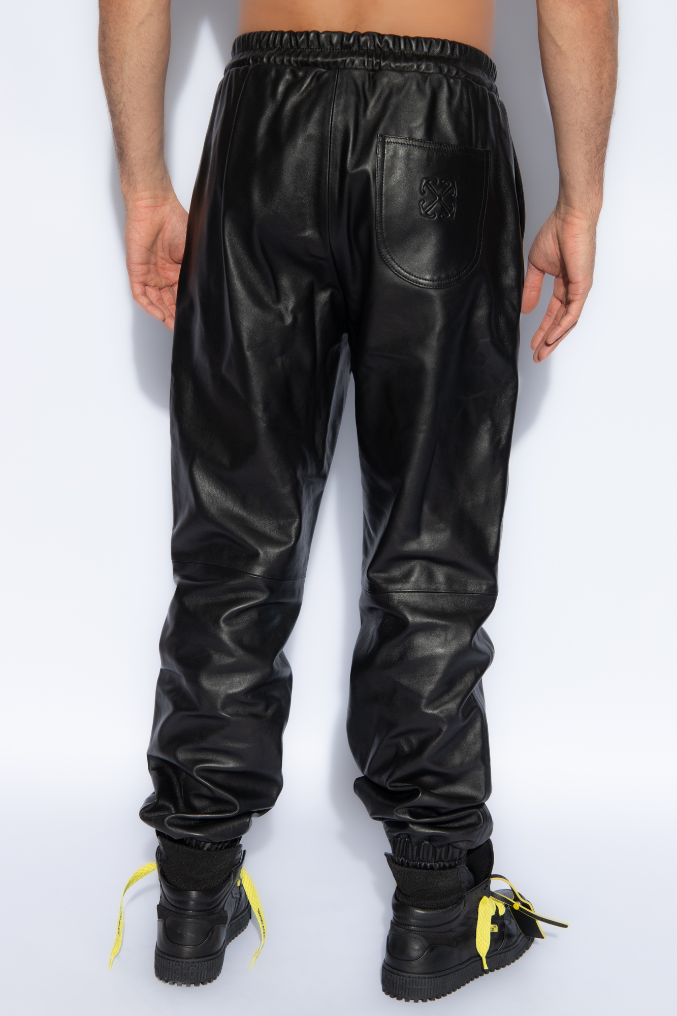 Off-white Leather Joggers With Drawstrings In Black