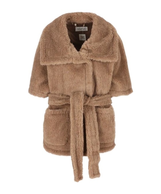 Max Mara Waist Belted Faux Fur Short Sleeve Jacket In Brown
