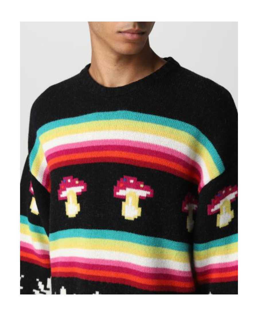 Msgm Cross-neck Knitwear With Pixelated Motifs In Black